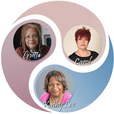 Images of three hosts of the podcast Shifting Impressions on the Ying Yang Circle Logo